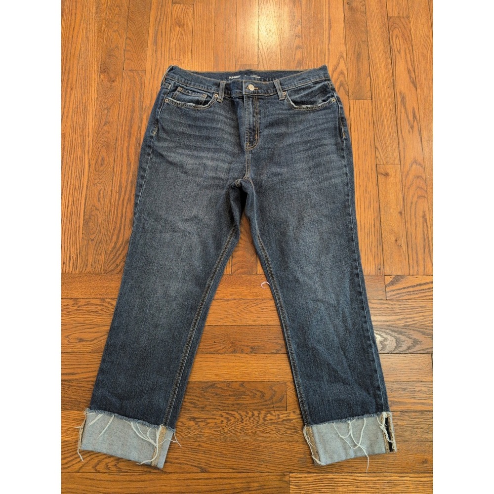 Old Navy Mid-Rise Boyfriend Dk Wash Cuffed Capri Cropped Jeans Womens 12 Stretch